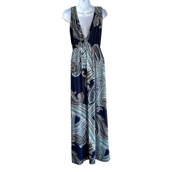 Renee C Wynne Knit Maxi Dress Blue Paisley Womens Medium Vacation Resortwear - Picture 3 of 6